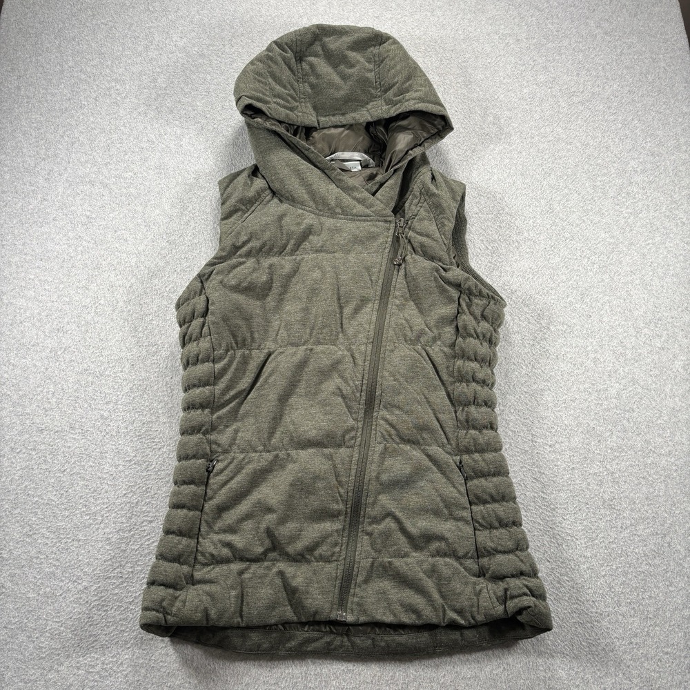 Athleta Goose Down Puffer Vest Hooded Women's Small Olive Green